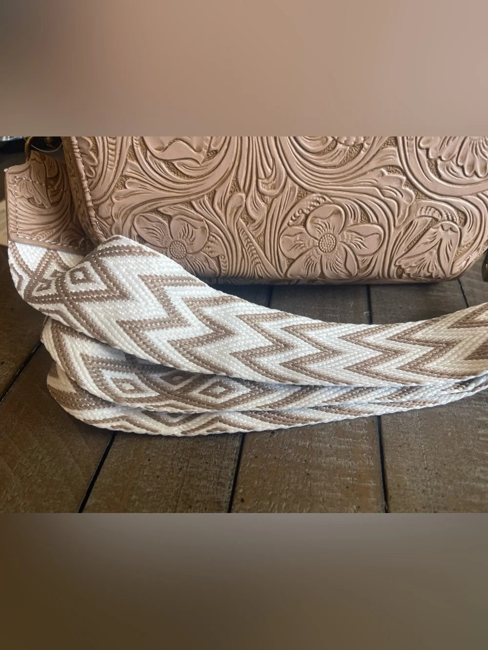 Embossed Floral Crossbody Bag in Beige with Patterned Strap
